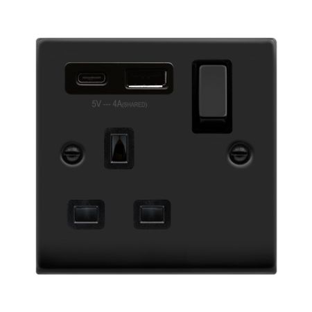 Click Deco Matt Black USB A & C Port 13A Single Socket | VPMB585BK