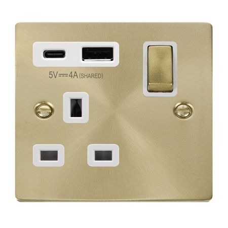 Click Deco Satin Brass USB A & C Port 13A Single Socket White Insert | VPSB585WH