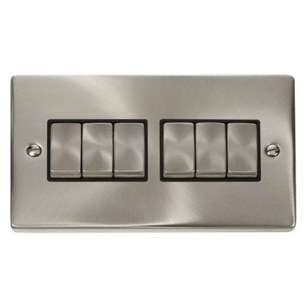 Click Deco Ingot Satin Chrome 6 Gang Light Switch Black Insert VPSC416BK