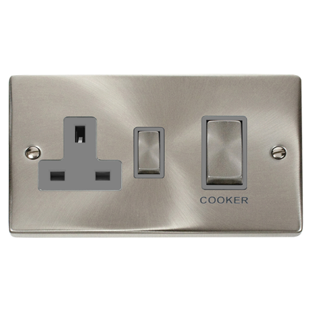 Click Deco Satin Chrome Ingot 45a DP Cooker Switch & Socket Grey Insert | VPSC504GY