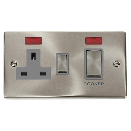 Click Deco Satin Chrome 45A Ingot 2G DP Switch & 13A DP Socket with NeonGrey Insert | VPSC505GY