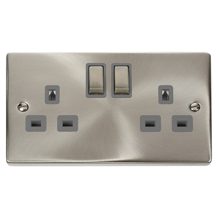Click Deco Ingot Satin Chrome 13A Double Socket Grey Insert | VPSC536GY