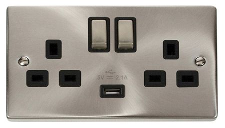 Click Deco Ingot Satin Chrome 13a Double Socket With USB Black Insert VPSC570BK