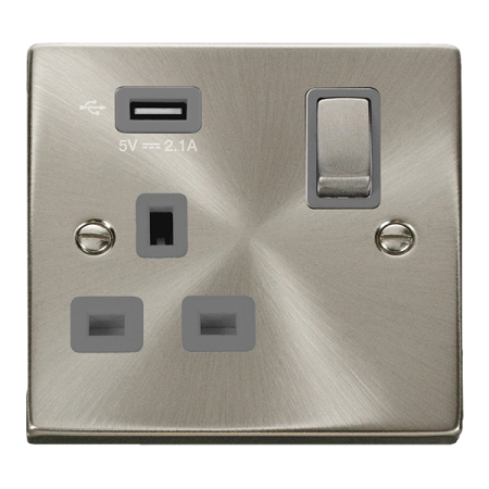 Click Deco Ingot Satin Chrome 1G 13A Switched Socket & USB Grey Insert | VPSC571UGY