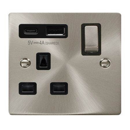 Click Deco Satin Chrome USB A & C Port 13A Single Socket Black Insert | VPSC585BK