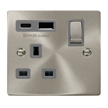 Click Deco Satin Chrome USB A & C Port 13A Single Socket Grey Insert | VPSC585GY