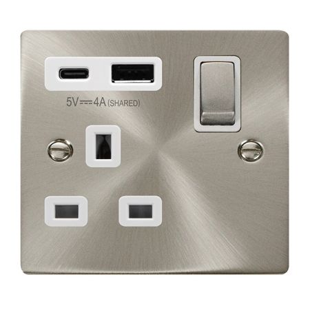 Click Deco Satin Chrome USB A & C Port 13A Single Socket White Insert | VPSC585WH