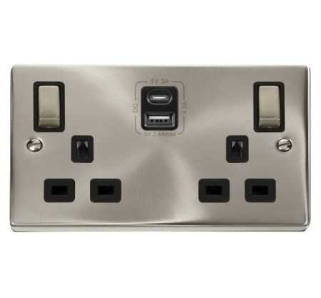 Click Deco Ingot Satin Chrome 2G 13A Switched Socket & TYPE A & C USB Grey Inset | VPSC586BK