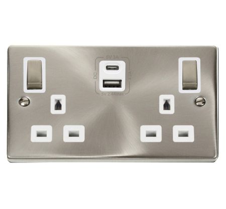 Click Deco Ingot Satin Chrome 2G 13A Switched Socket & TYPE A & C USB White Inset | VPSC586WH