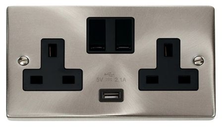 Click Deco Satin Chrome 13a Double Socket With USB Black Insert VPSC770BK