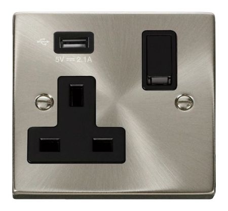 Click Deco 13A Satin Chrome Single Socket with USB Black Insert VPSC771BK