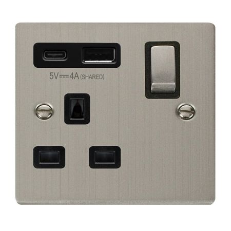 Click Deco Stainless Steel USB A & C Port 13A Single Socket Black Insert | VPSS585BK