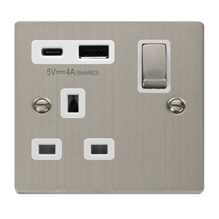 Click Deco Stainless Steel USB A & C Port 13A Single Socket White Insert | VPSS585WH